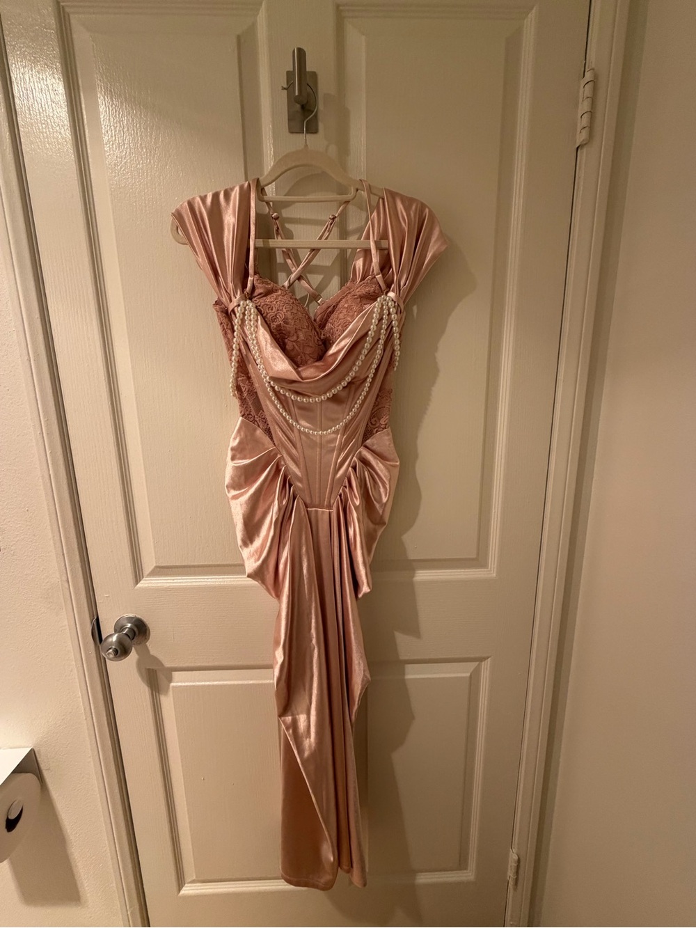 Pearl-Embellished Satin & Lace Dress in Blush Pink - Picture 2 of 7